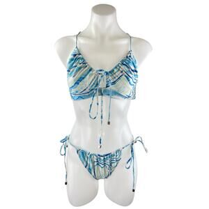 NEW Suboo Blue Marble Print Two Piece Crossback Bikini Swimsuit Swimwear Size OS